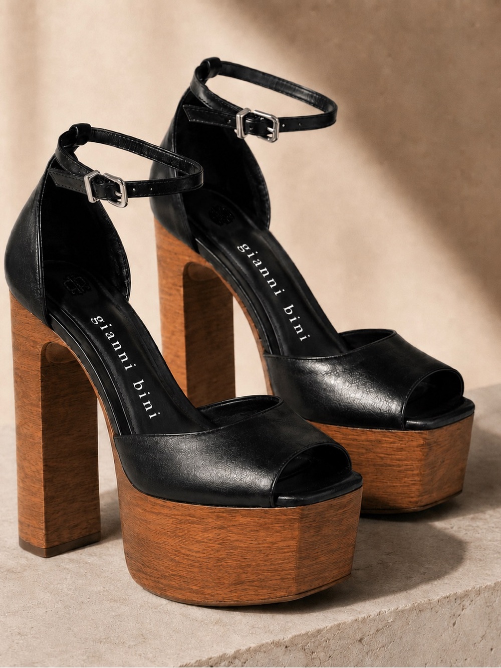 Gianni Bini Fenix Leather Peep Toe Woodgrain Black Platform Pumps Size 8.5
